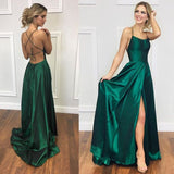 A Line Halter Dark Green Satin Long Evening Gowns Prom Dresses SD1832