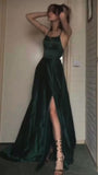 A Line Halter Dark Green Satin Long Evening Gowns Prom Dresses SD1832
