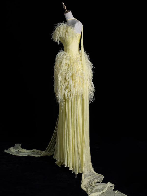 A line Off The Shoulder Yellow Chiffon Party Dress Long Prom Dress Evening Dresses SD1840 HZ0628