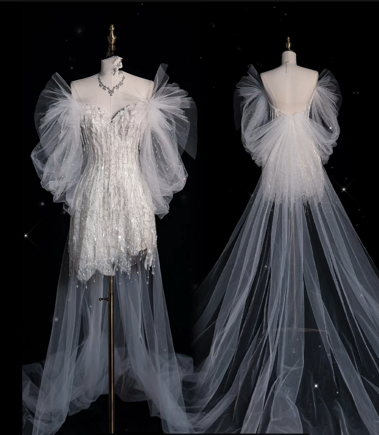 A line Off The Shoulder White Lace Short Wedding Dresses SD1841