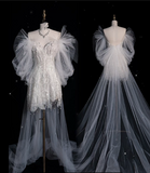 A line Off The Shoulder White Lace Short Wedding Dresses SD1841