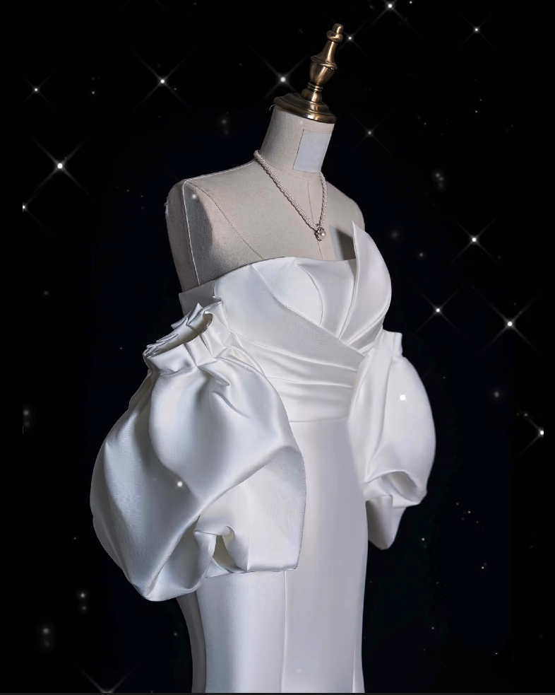 Mermaid Strapless Short Sleeves White Satin Wedding Dresses Brides Dress SD1872 HZ0628