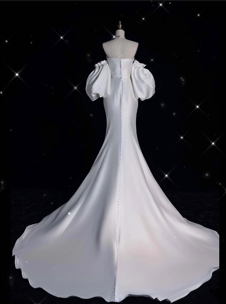 Mermaid Strapless Short Sleeves White Satin Wedding Dresses Brides Dress SD1872 HZ0628