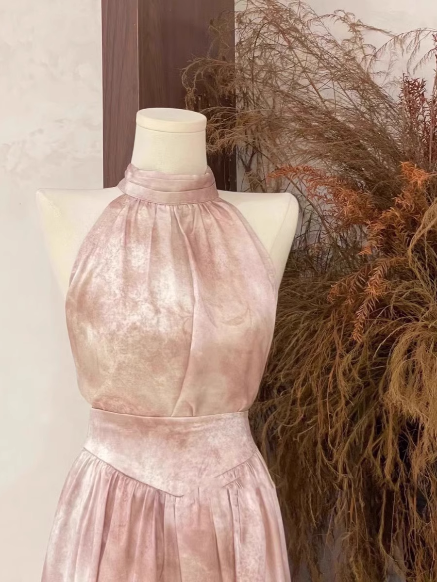 A Line Halter Ruffled Pink Long Women's Holiday Dresses SD190