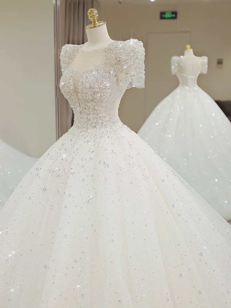 Ball Gown Square Neckline Short Sleeves Sequin White Wedding Dresses Brides Dress SD1949 HZ0628