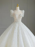 Ball Gown Square Neckline Short Sleeves Sequin White Wedding Dresses Brides Dress SD1949 HZ0628