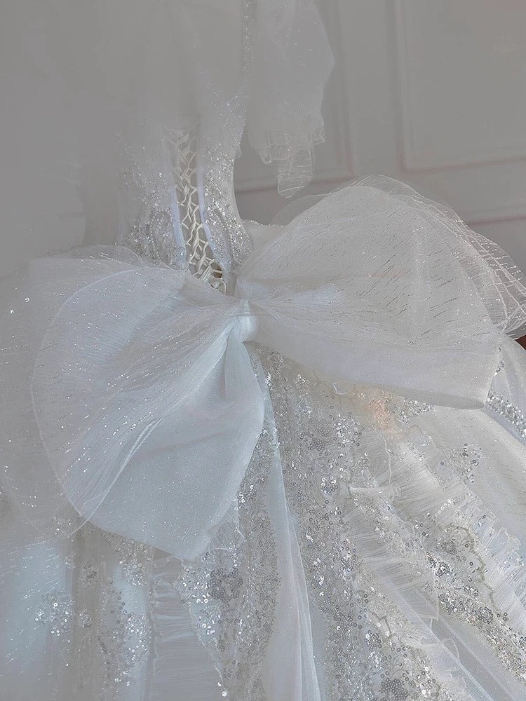 Ball Gown Square Neckline Short Sleeves Sequin White Wedding Dresses Brides Dress SD1950 HZ0628