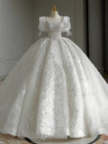 Ball Gown Square Neckline Short Sleeves Sequin White Wedding Dresses Brides Dress SD1950 HZ0628