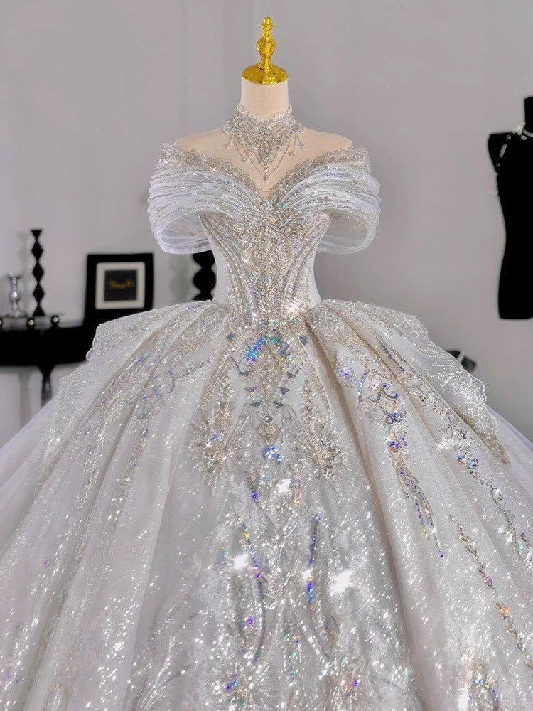 Ball Gown Off The Shoulder Short Sleeves Sequin White Wedding Dresses Brides Dress SD1955 HZ0628