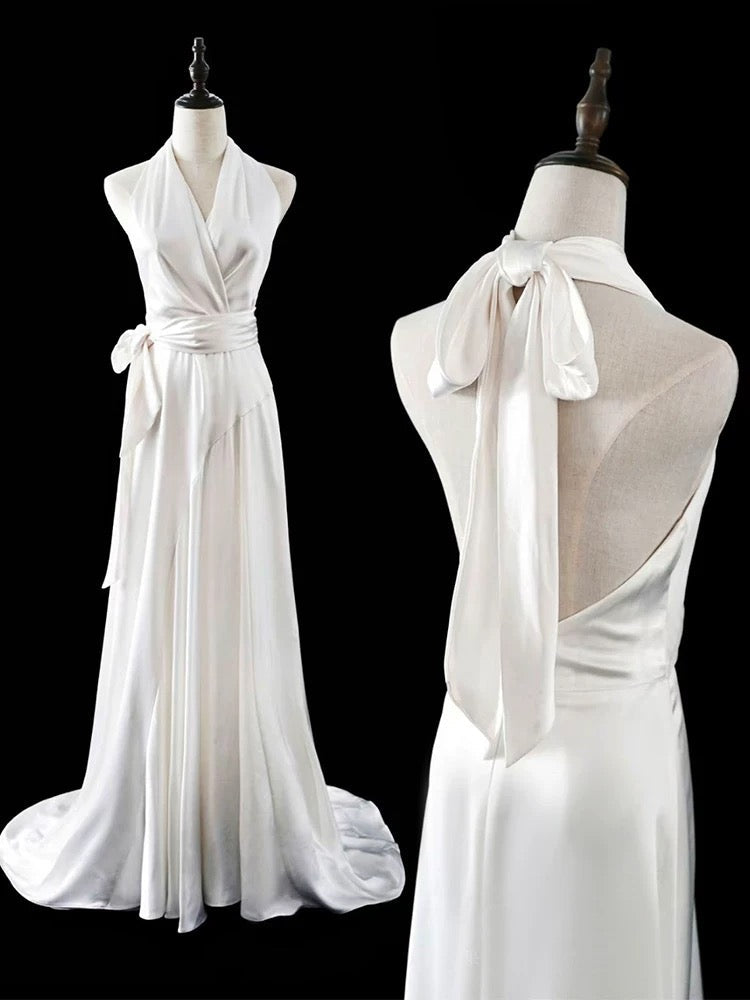 A line Halter Satin White Wedding Dresses Brides Dress SD1966