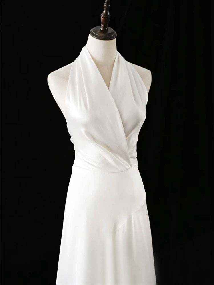 A line Halter Satin White Wedding Dresses Brides Dress SD1966
