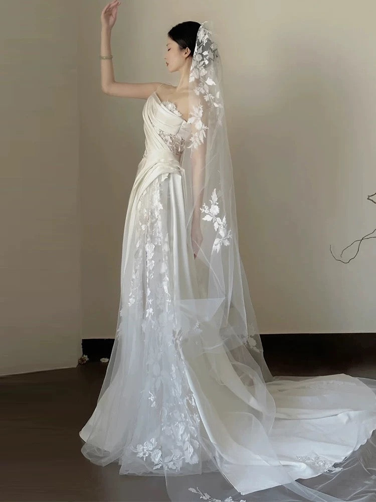 A line One Shoulder Lace Satin White Wedding Dresses Brides Dress SD1976