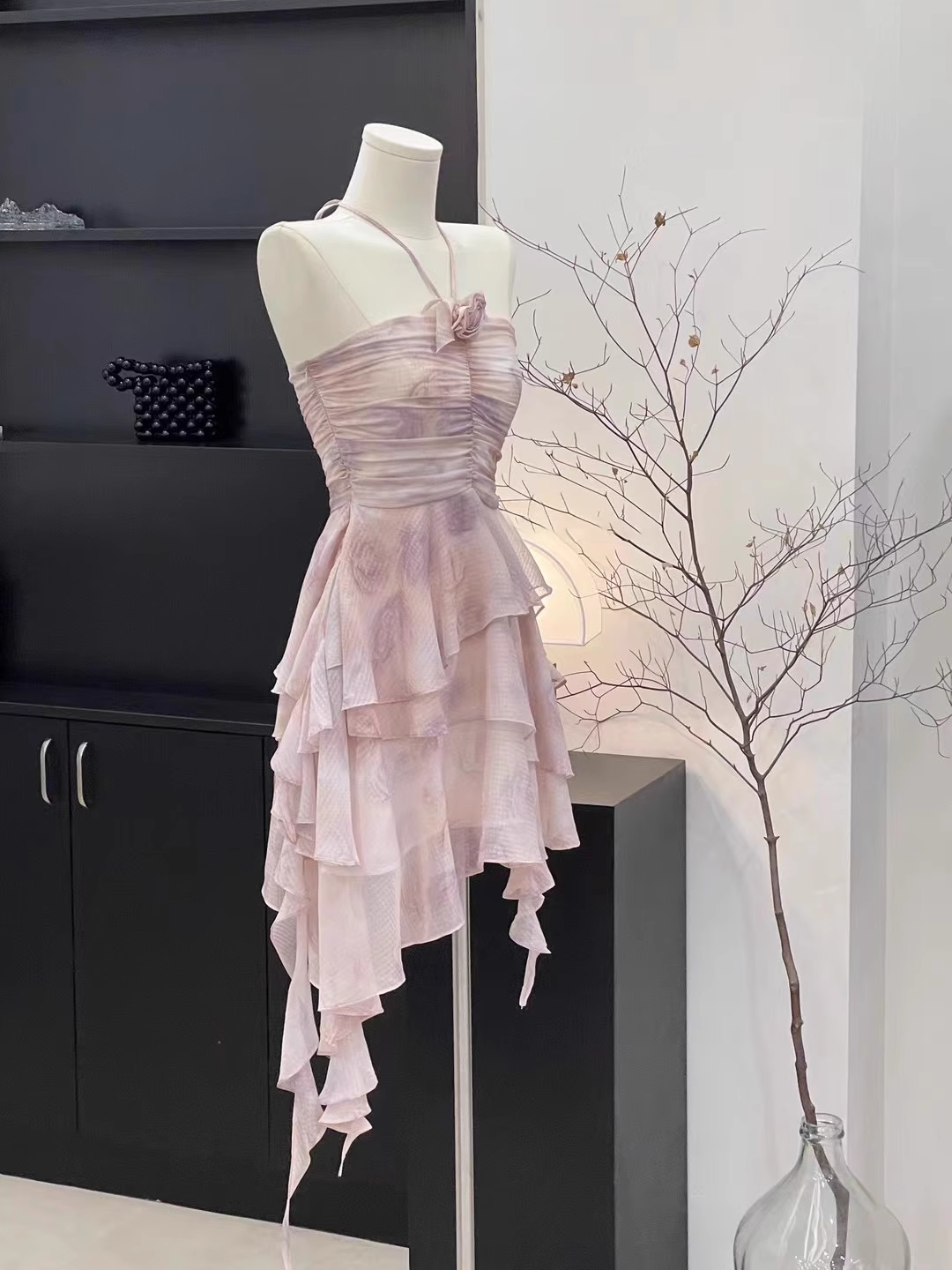 Sheath Halter Ruffled Light Pink Short Women's Holiday Summer Dresses SD202