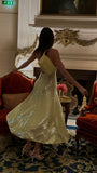 A line Halter Tea Length Yellow Sequin Evening Dress Prom Dresses SD2058