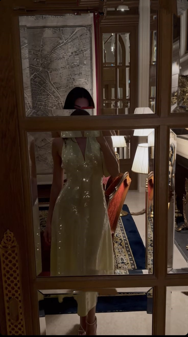 A line Halter Tea Length Yellow Sequin Evening Dress Prom Dresses SD2058