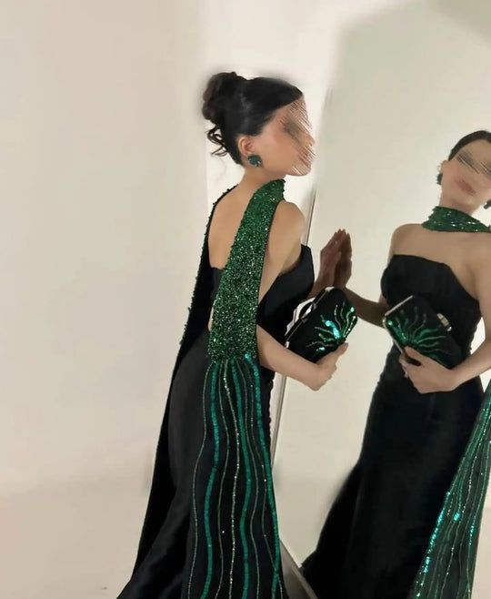 Mermaid Strapless Black Satin Long Evening Dress Prom Dresses With Ribbon SD2071 HZ0628