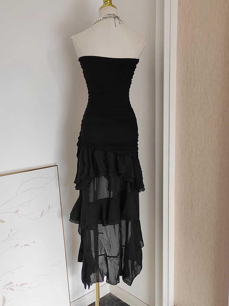 Sheath Strapless Black High Low Women's Holiday Dresses Birthday Outfits SD224 HZ0628