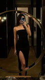 Sheath Strapless Black Long Prom Dresses Slit Party Dress SD2253