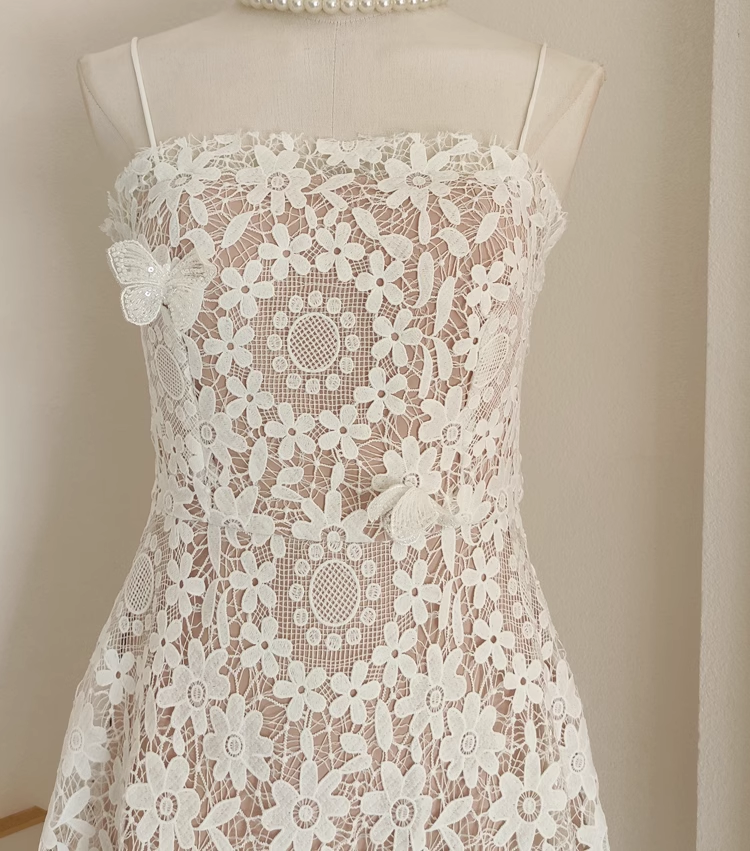 A Line Spaghetti Straps Tulle Lace White Women's Holiday Birthday Dresses SD227