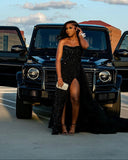 Sheath Strapless Sequin Slit Black Long Prom Dresses Party Dress SD2293