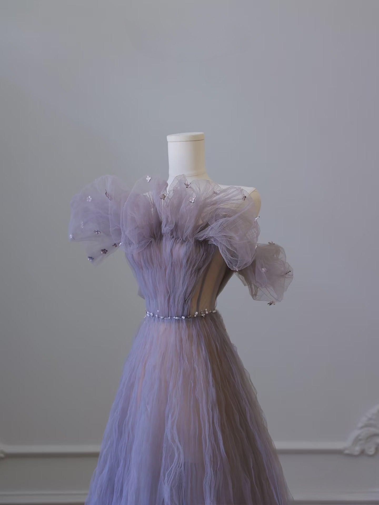 A line Off The Shoulder Light Grape Tulle Long Prom Dresses Evening Gowns SD2321