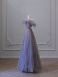 A line Off The Shoulder Light Grape Tulle Long Prom Dresses Evening Gowns SD2321
