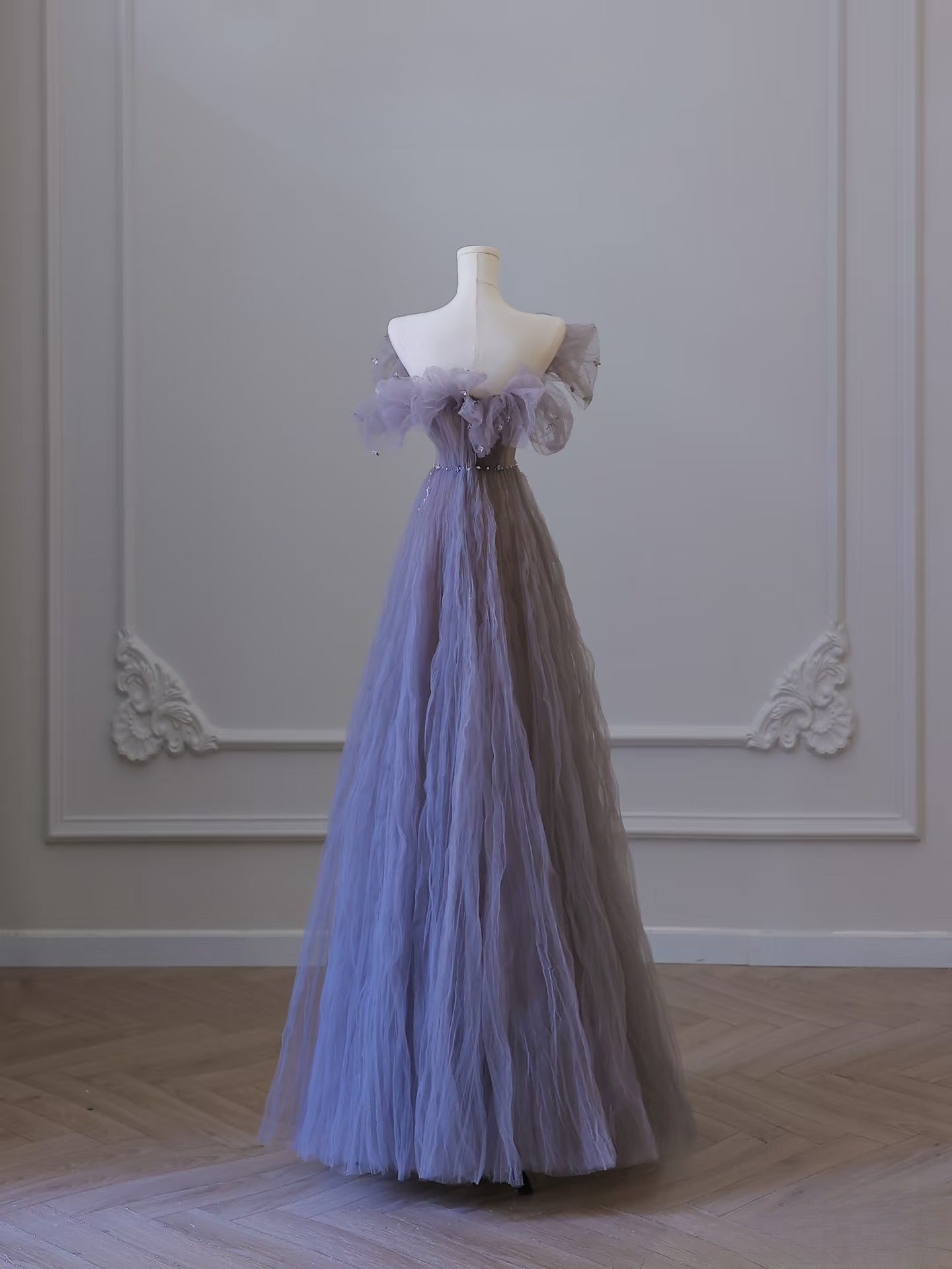 A line Off The Shoulder Light Grape Tulle Long Prom Dresses Evening Gowns SD2321