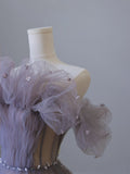 A line Off The Shoulder Light Grape Tulle Long Prom Dresses Evening Gowns SD2321