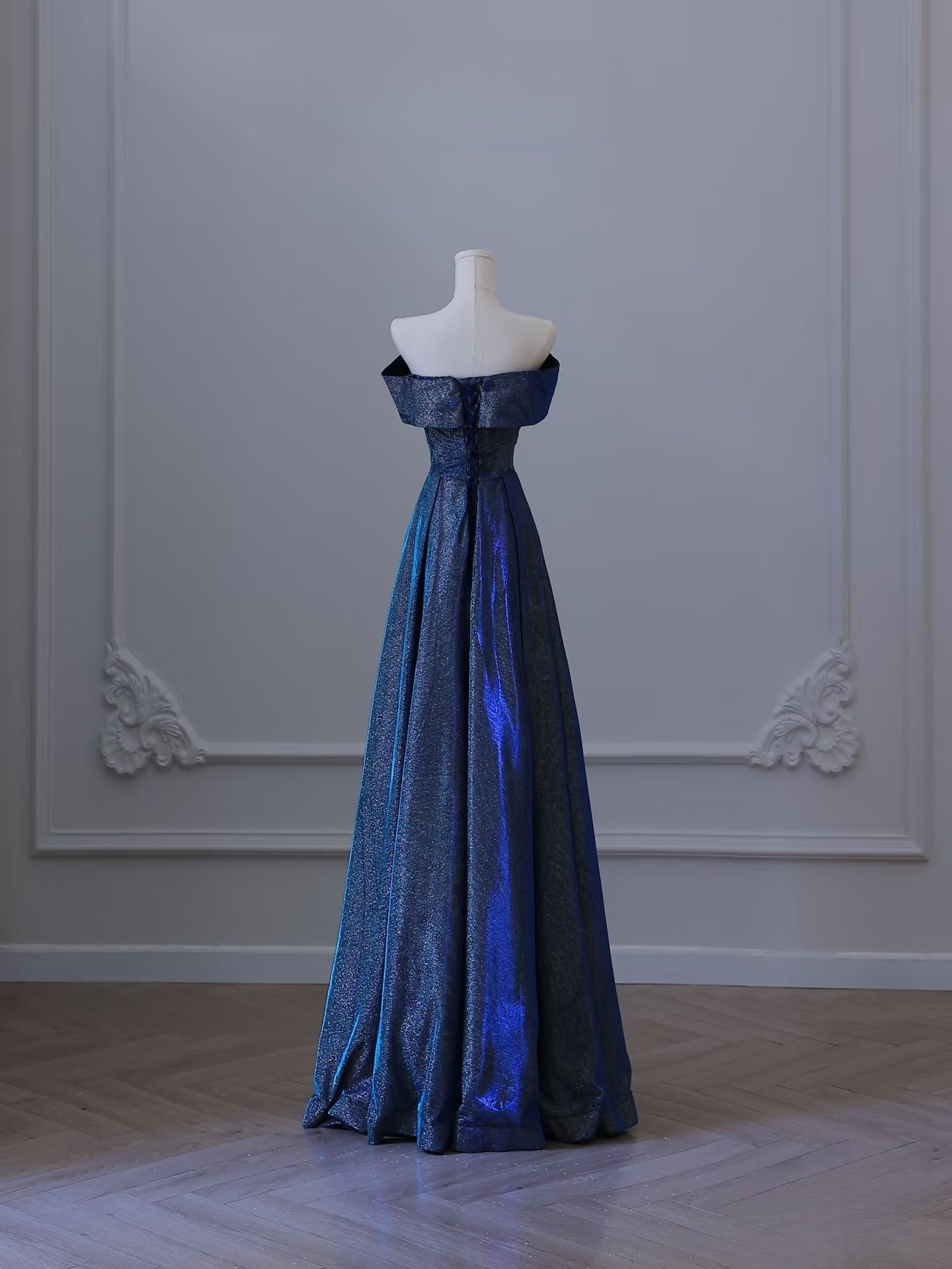 A Line Off The Shoulder Blue Sequin Long Prom Dresses Evening Gowns SD2328