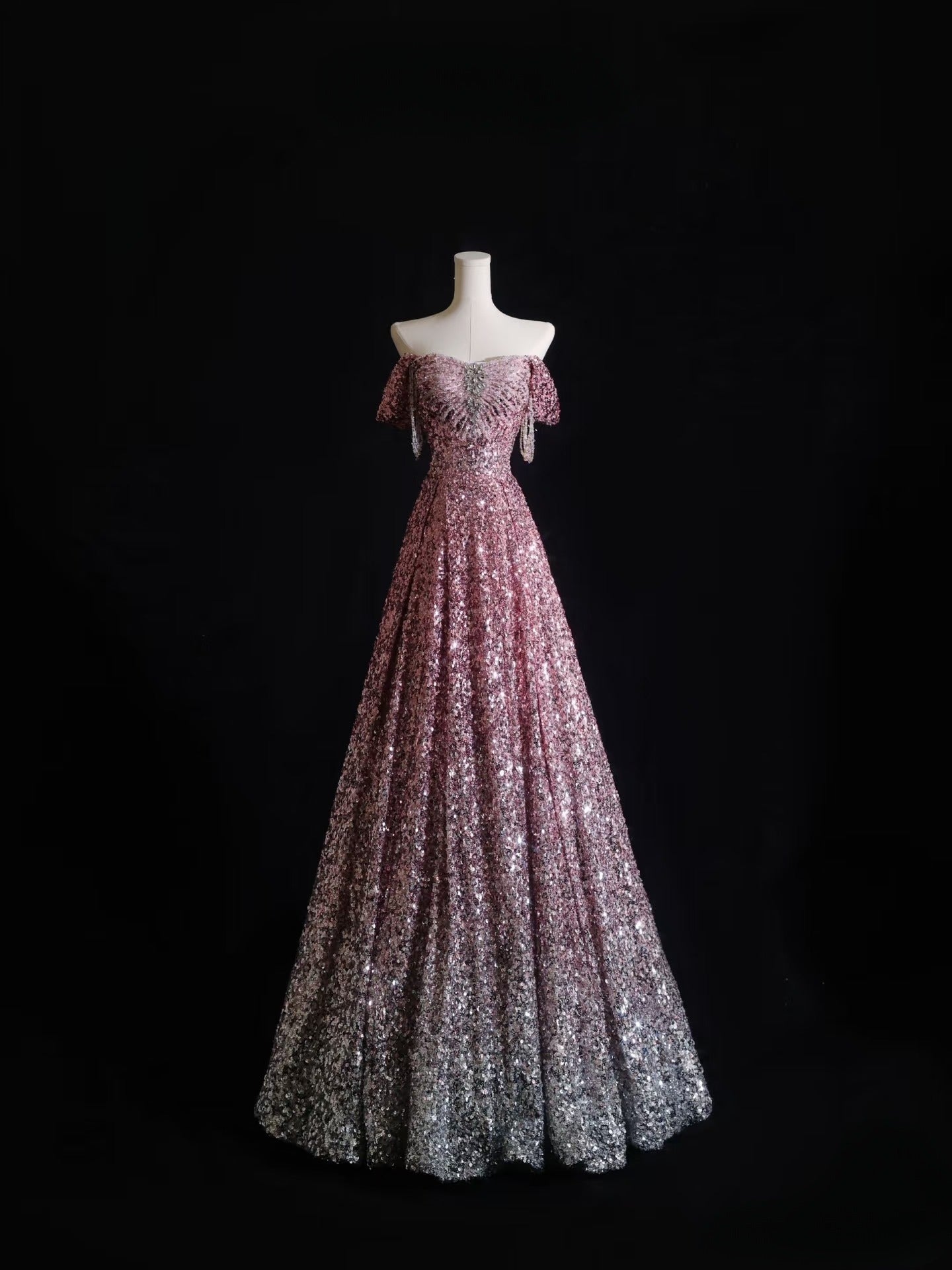 A Line Off The Shoulder Pink Sequin Long Prom Dresses Evening Gowns SD2329