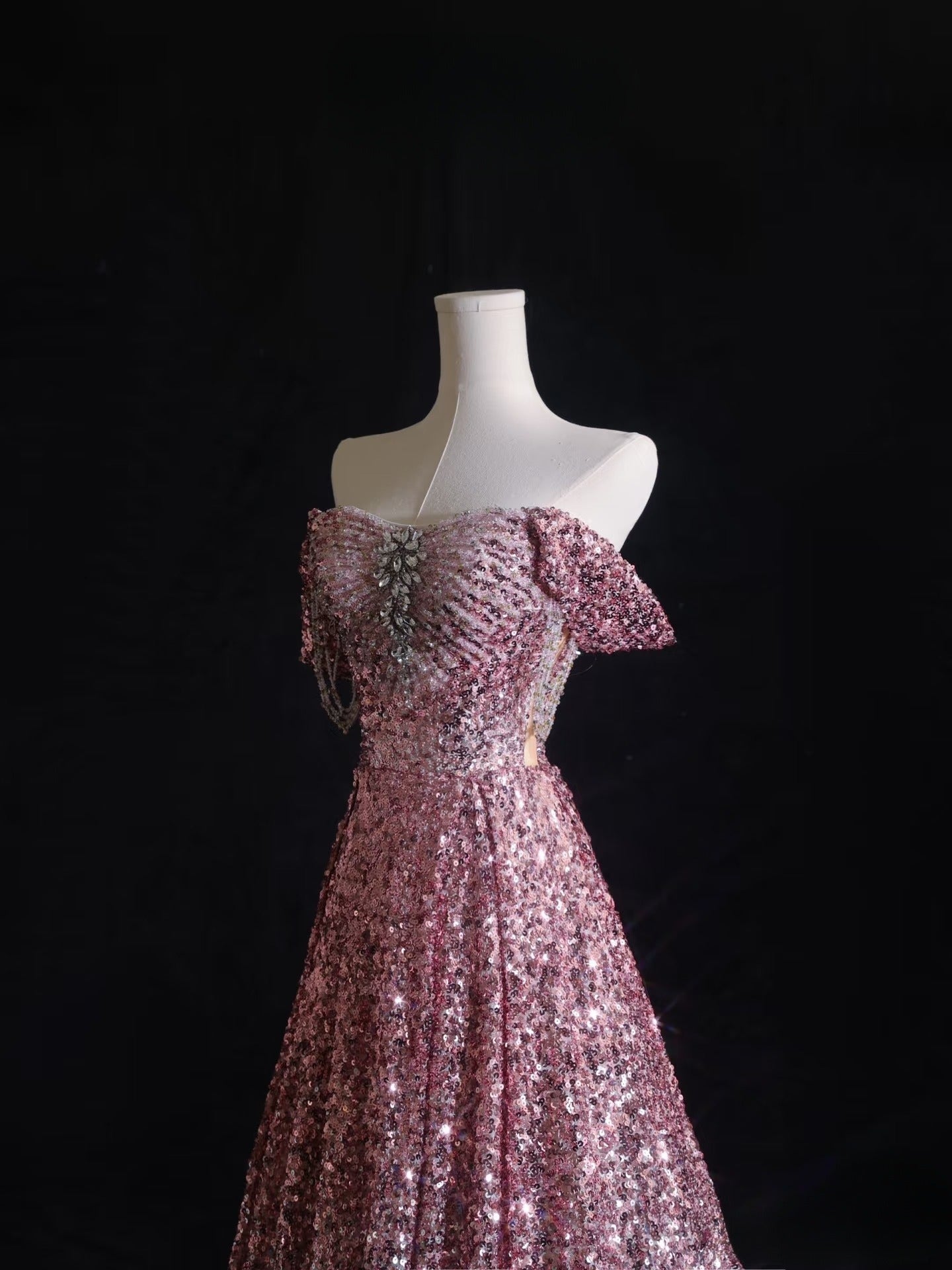 A Line Off The Shoulder Pink Sequin Long Prom Dresses Evening Gowns SD2329