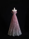 A Line Off The Shoulder Pink Sequin Long Prom Dresses Evening Gowns SD2329