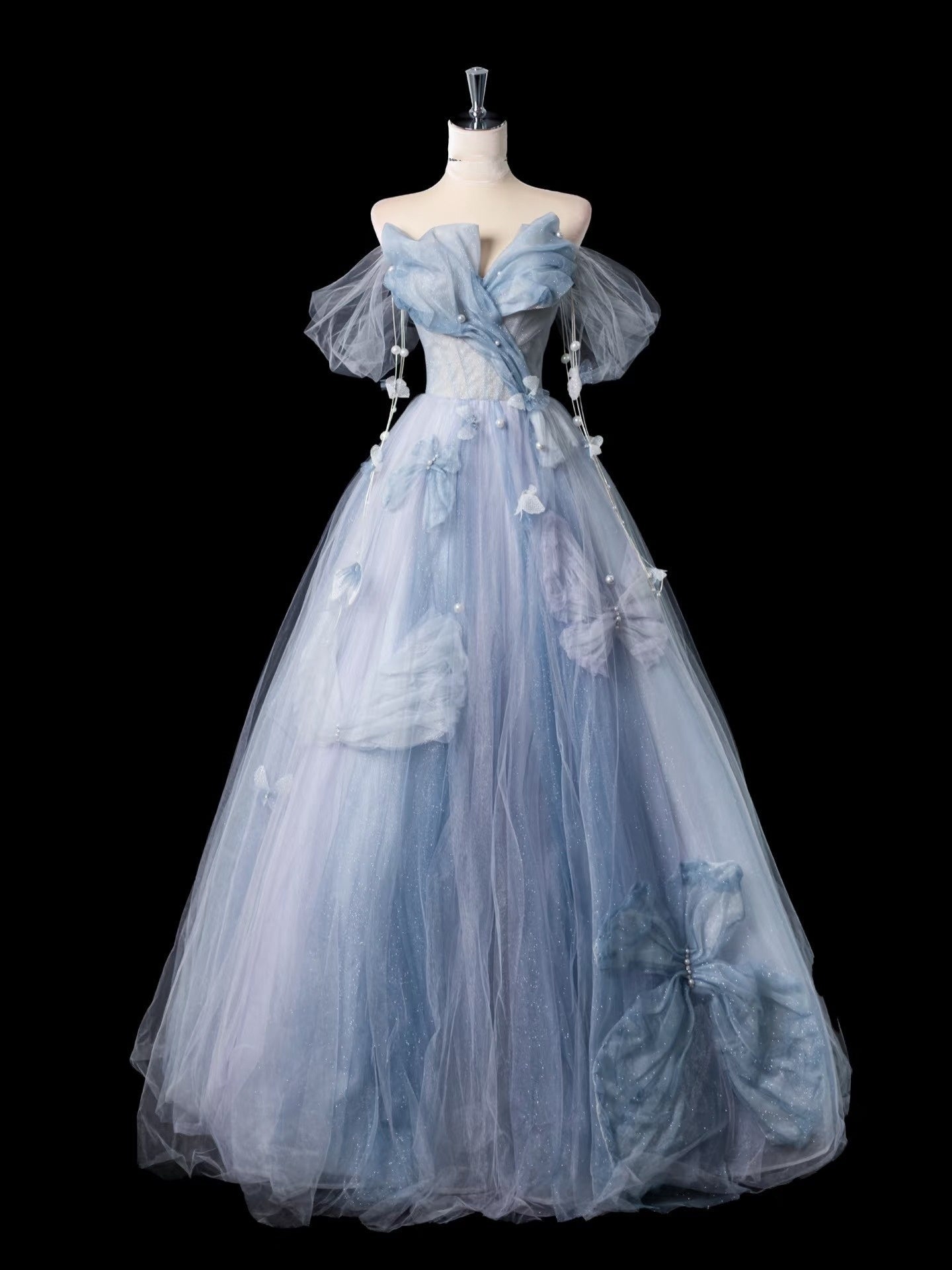 A Line Off The Shoulder Blue Tulle Long Prom Dresses Formal Evening Dress SD2356