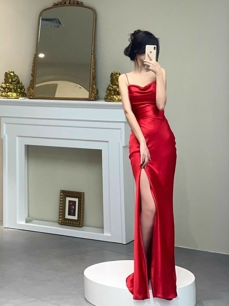 Sheath Spaghetti Straps Maxi Long Party Red Prom Dresses Evening Dress SD2375