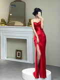 Sheath Spaghetti Straps Maxi Long Party Red Prom Dresses Evening Dress SD2375