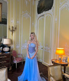 A Line Off The Shoulder Maxi Long Party Light Blue Chiffon Prom Dresses Evening Dress SD2395