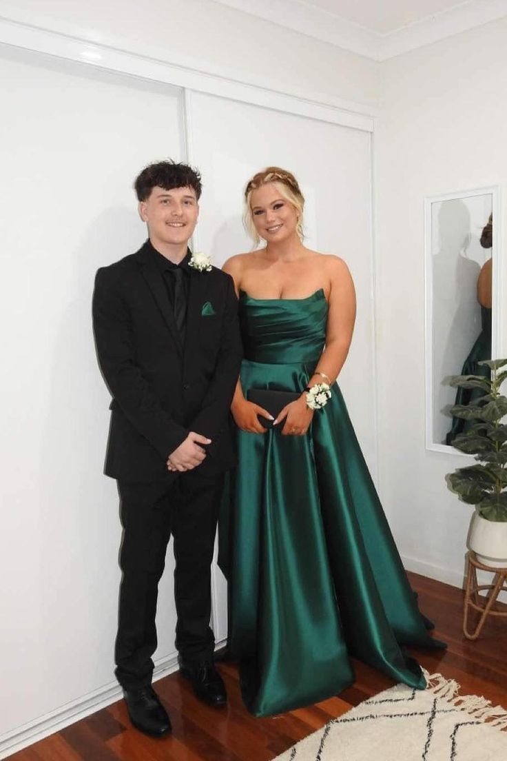 Strapless Sage Green Satin A-line Long Formal Gown Evening Dress SD2406