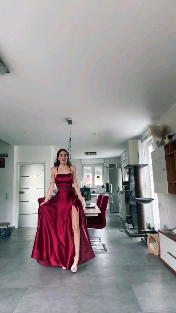 A line Halter Long Party Dress Satin Burgundy Prom Dresses SD2417