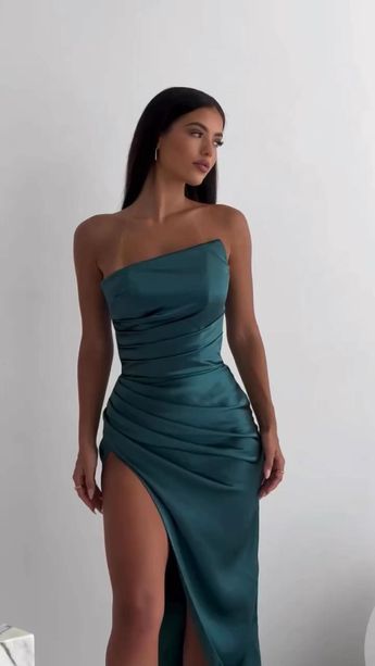 Sheath Strapless Neckline Slit Satin Long Party Dress Prom Dresses SD2446