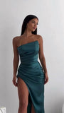 Sheath Strapless Neckline Slit Satin Long Party Dress Prom Dresses SD2446