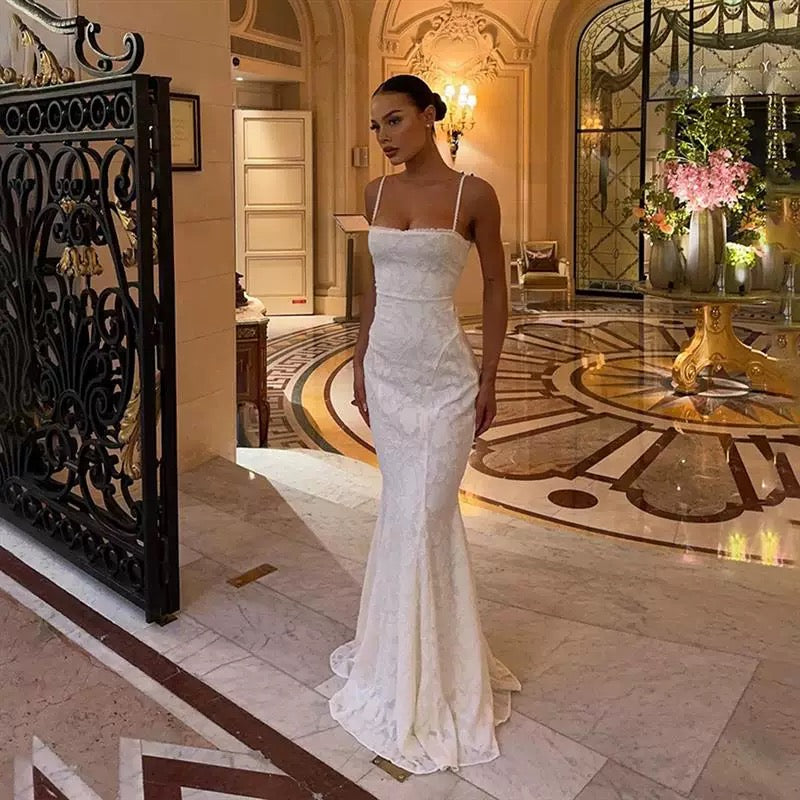Mermaid Spaghetti Straps Long White Prom Dresses Formal Graduation Party Dress Evening Dress SD2461 HZ0628