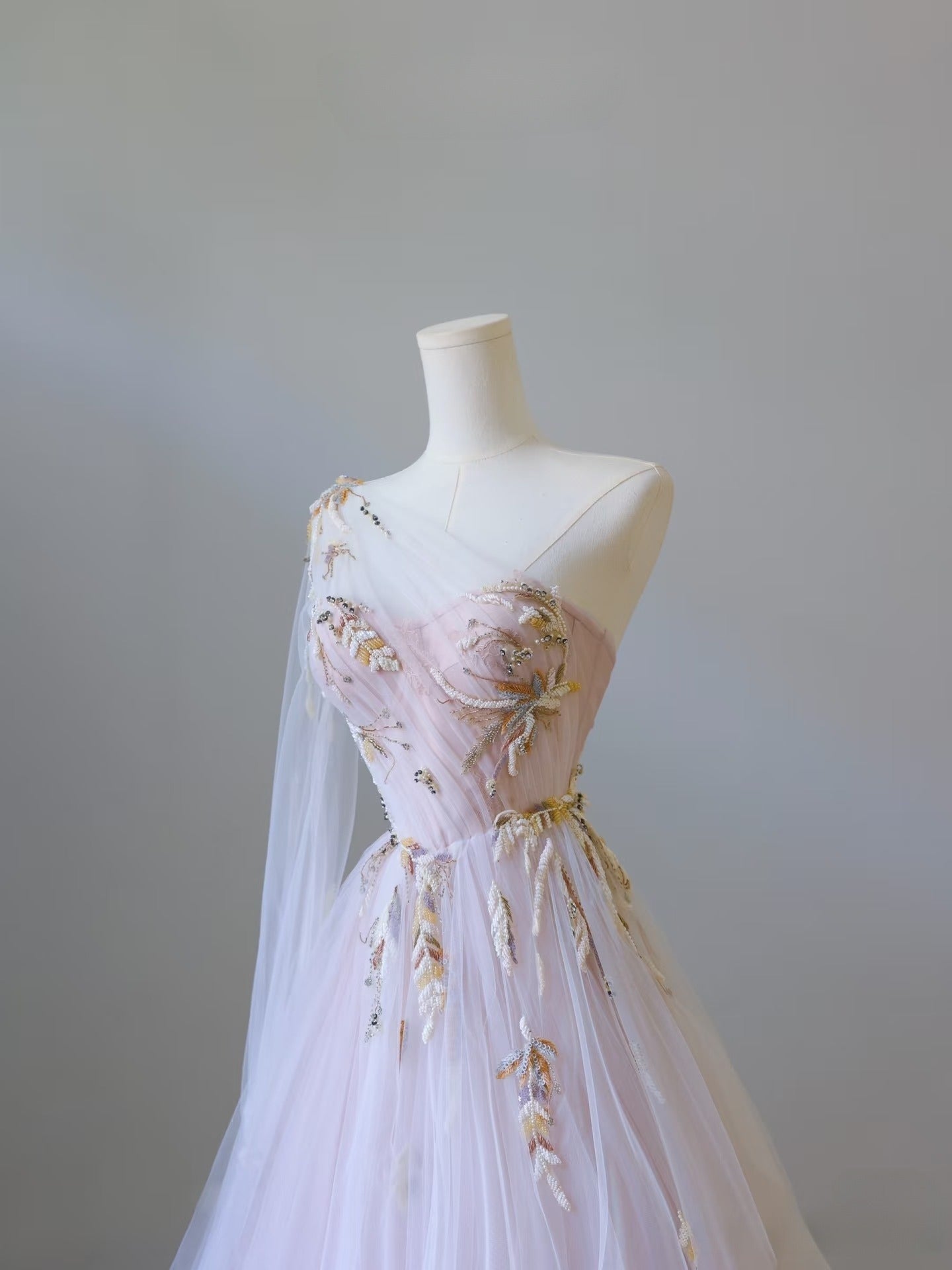 A line One Shoulder Tulle Lace Long Evening Dress Prom Dresses SD2486