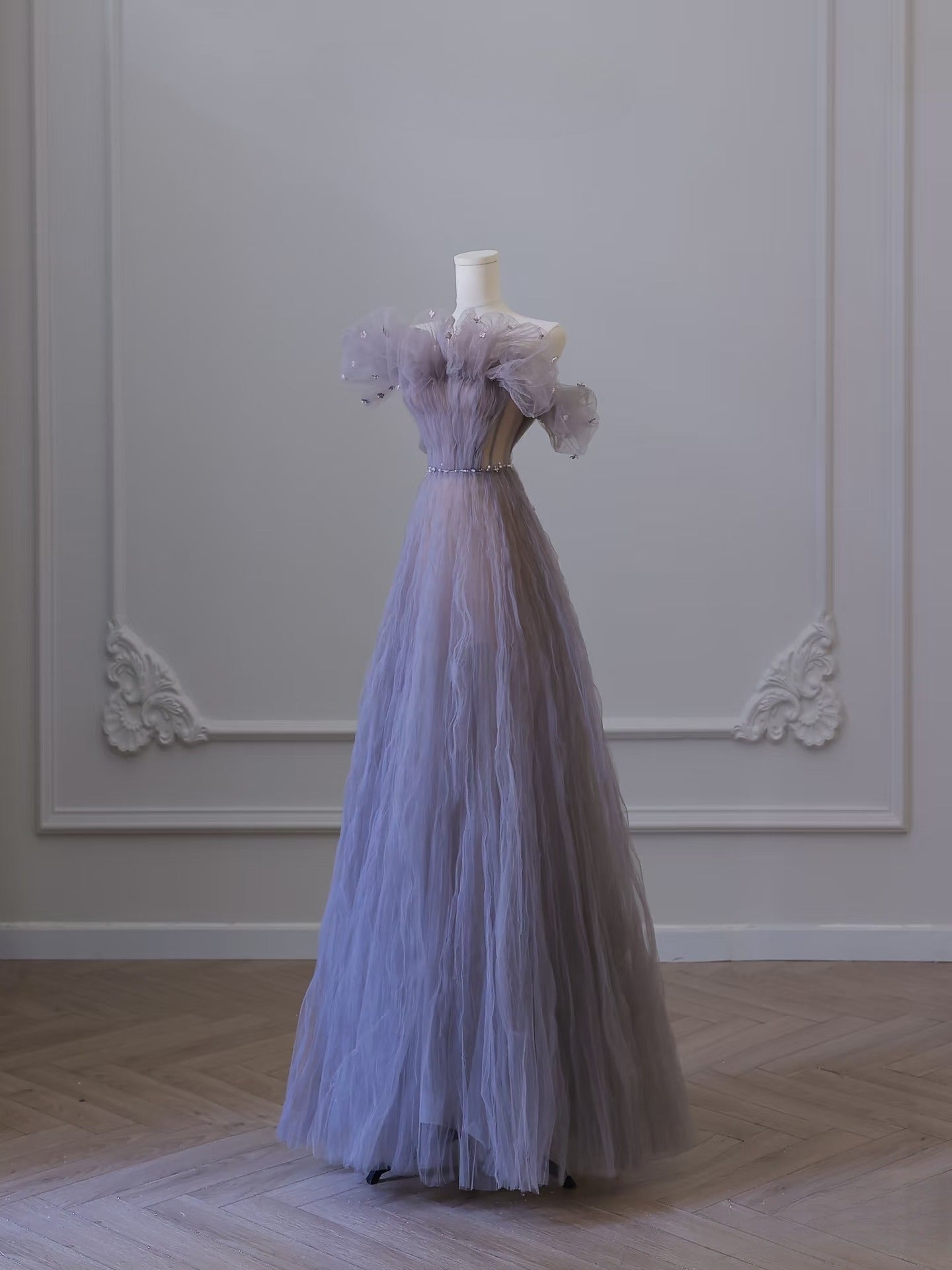 A Line Off The Shoulder Lilac Tulle Long Evening Dress Prom Dresses SD2520