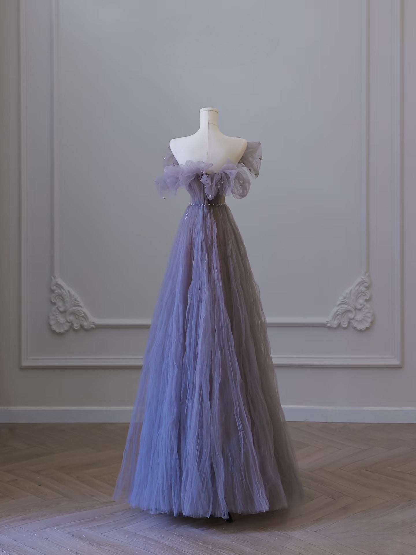 A Line Off The Shoulder Lilac Tulle Long Evening Dress Prom Dresses SD2520