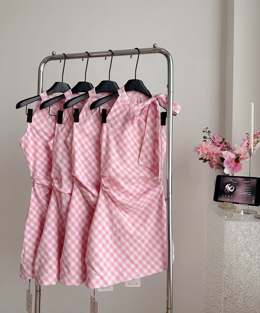 Neck Off Shoulder Pink Plaid Sleeveless Dress Irregular Bow Holiday Dresses SD258