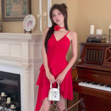 A line Irregular Hem Spaghetti Straps Red Dinner Dress Short Birthday Outfit SD268