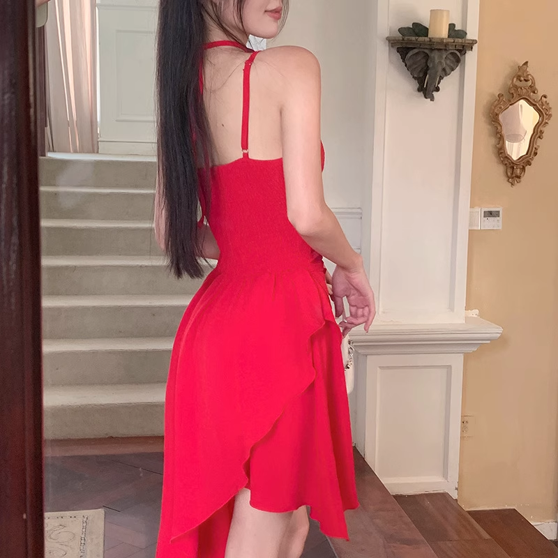 A line Irregular Hem Spaghetti Straps Red Dinner Dress Short Birthday Outfit SD268