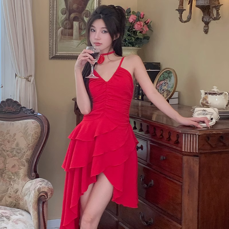 A line Irregular Hem Spaghetti Straps Red Dinner Dress Short Birthday Outfit SD268