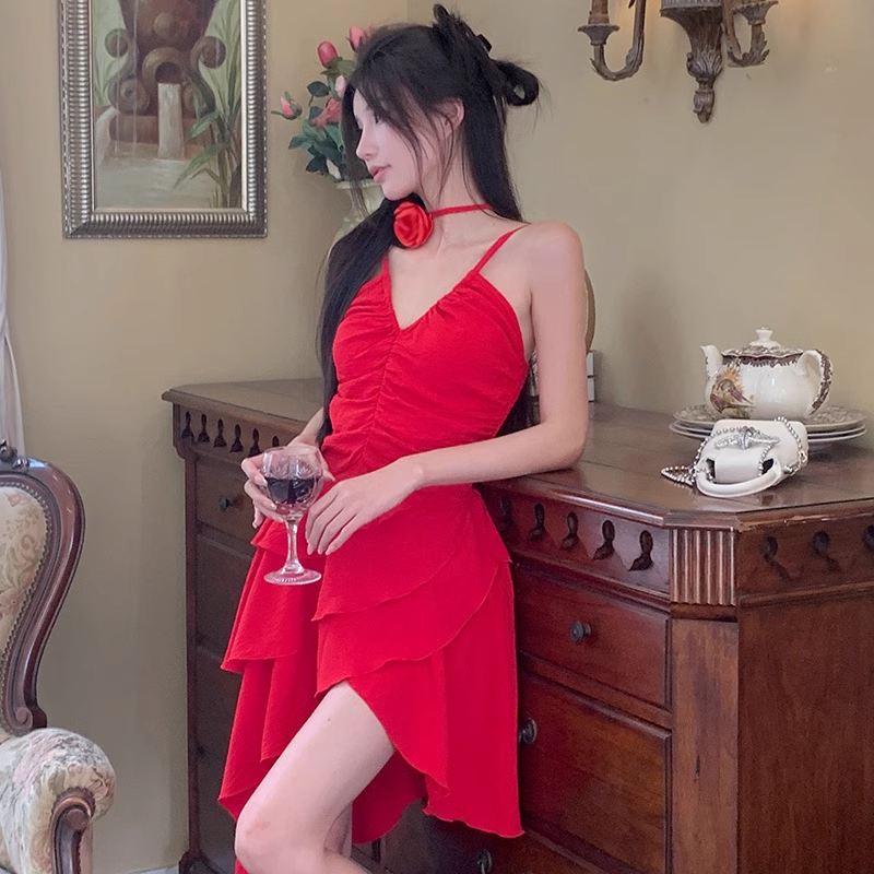 A line Irregular Hem Spaghetti Straps Red Dinner Dress Short Birthday Outfit SD268