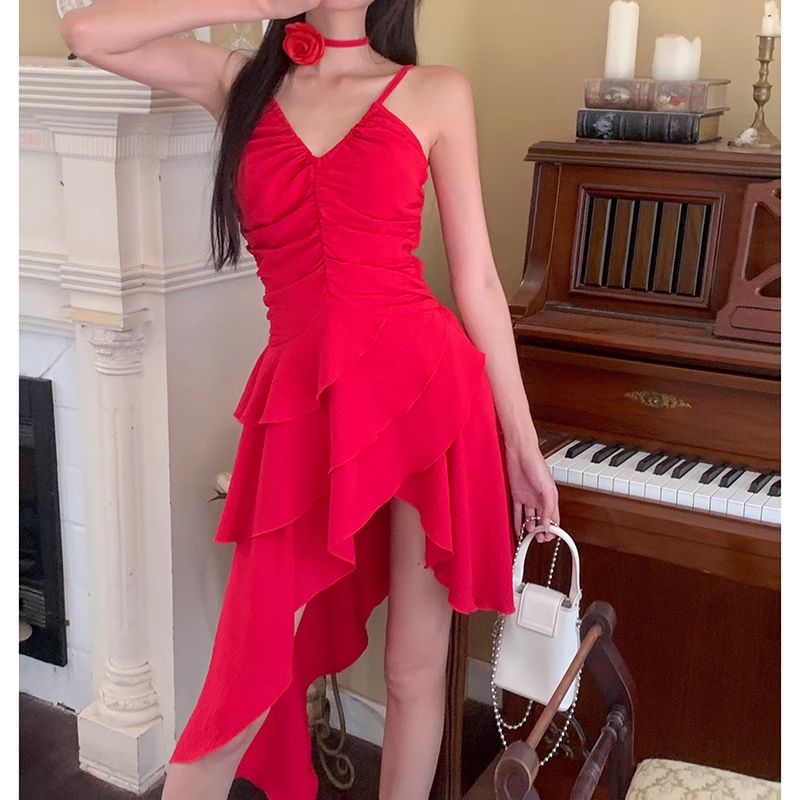 A line Irregular Hem Spaghetti Straps Red Dinner Dress Short Birthday Outfit SD268